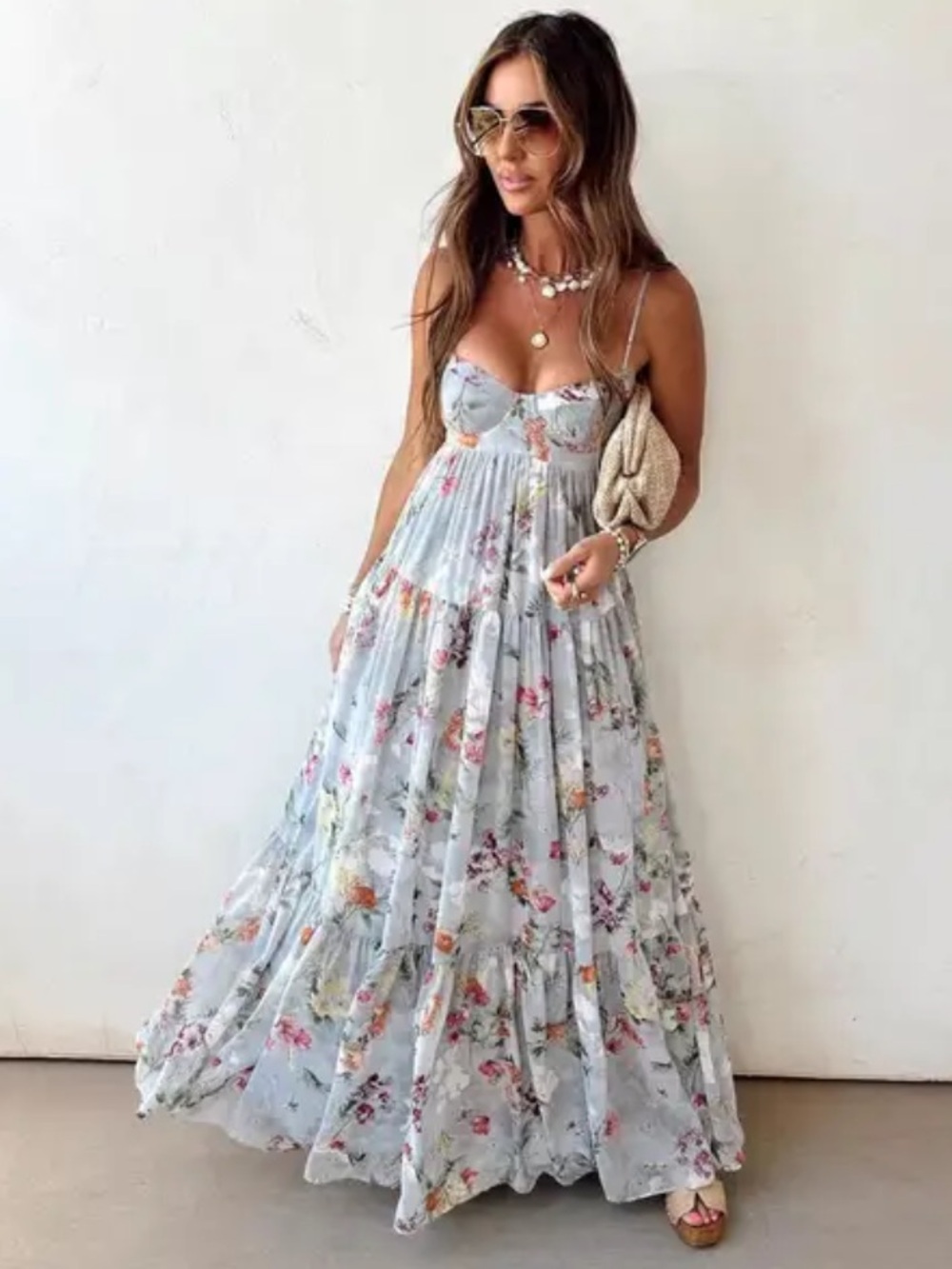 🆕👗 Light Blue Floral open Back Maxi Dress with Spaghetti Straps NWT